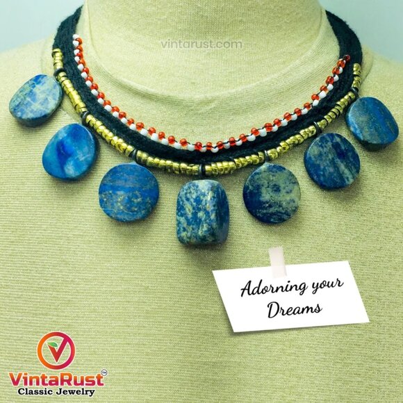 Tribal Choker Necklace With Dangling Lapis Lazuli Stones, Vintage Lapis Stone - Picture 1 of 10